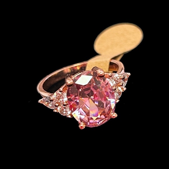 Cocktail Dinner Ring Inlaid Pink Crystal Zircon Rose Golden 925 Silver Plate - Picture 9 of 11